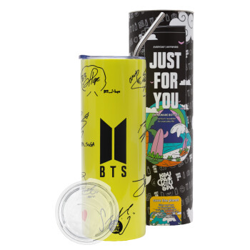 BTS signatures, Neon Yellow Travel Tumbler θερμό, μεταλλικό καλαμάκι(Ανωξείδωτο 304 Food grade, BPA free, 600ml)