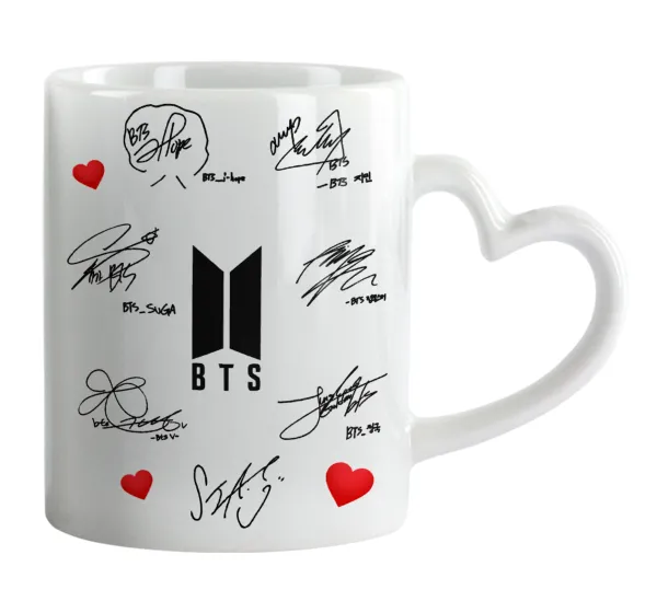 BTS signatures — Mug heart handle, ceramic, 330ml