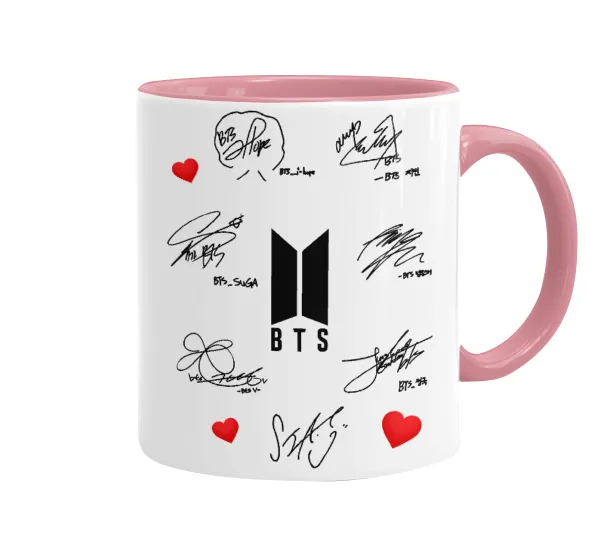 BTS signatures — Κούπα χρωματιστή ροζ, κεραμική, 330ml