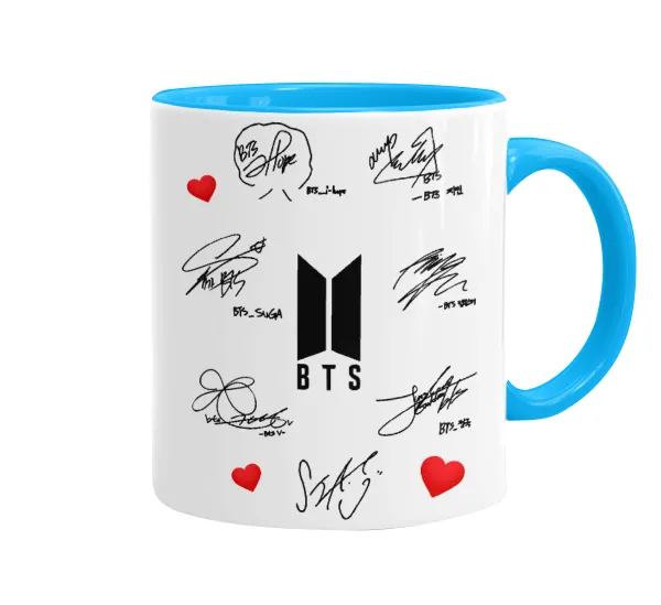 BTS signatures — Mug colored light blue, ceramic, 330ml