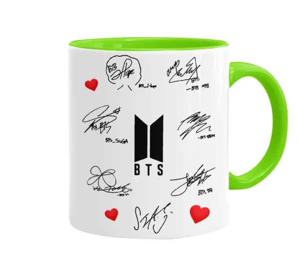 BTS signatures — Mug colored light green, ceramic, 330ml