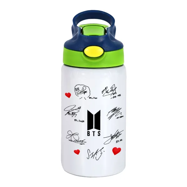 BTS signatures — Παιδικό παγούρι θερμό, ανοξείδωτο, με καλαμάκι ασφαλείας, πράσινο/μπλε (350ml)