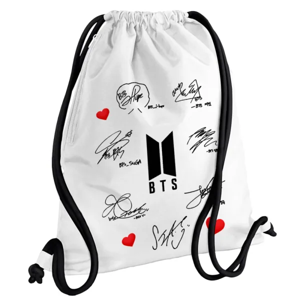 BTS signatures — Τσάντα πλάτης πουγκί GYMBAG λευκή, με τσέπη (40x48cm) & χονδρά κορδόνια