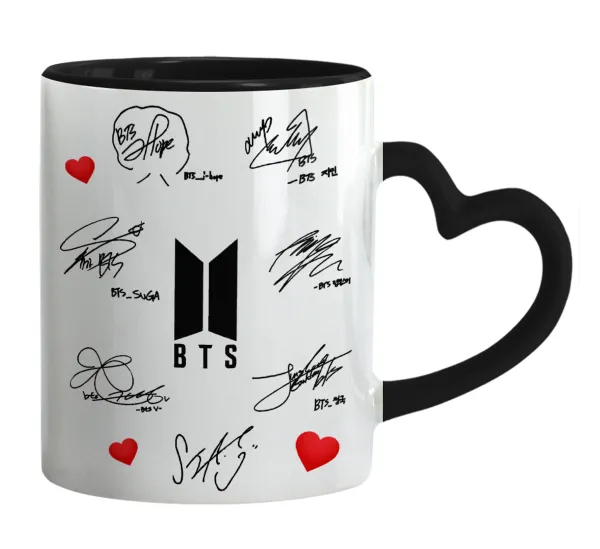 BTS signatures — Κούπα καρδιά χερούλι μαύρη, κεραμική, 330ml