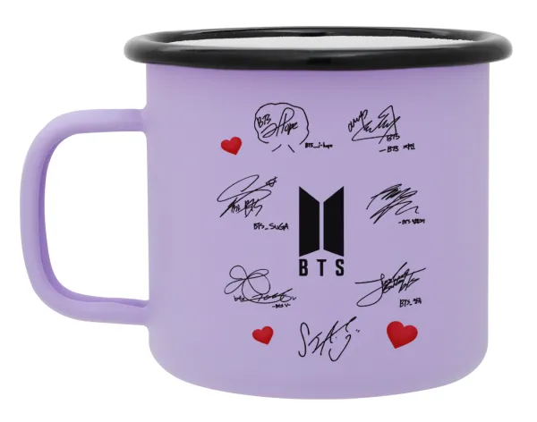 BTS signatures — Metal enamel mug, matte light pastel purple, 360ml