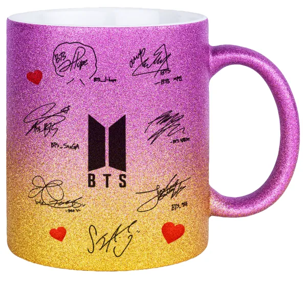 BTS signatures — Gold/pink glitter mug, ceramic, 330ml