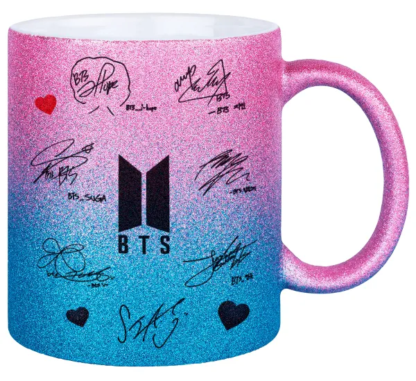 BTS signatures — Gold/blue glitter mug, ceramic, 330ml