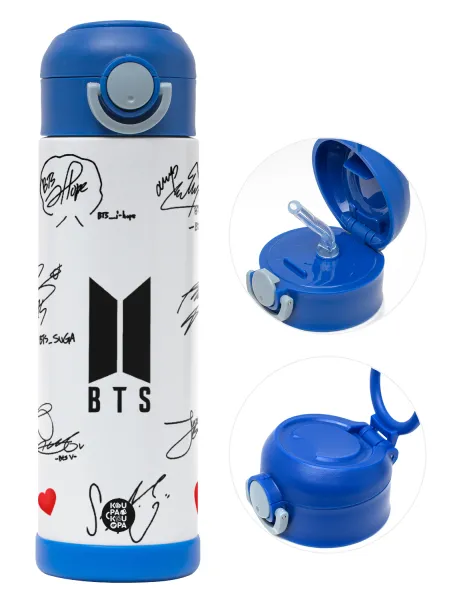 BTS signatures — Παιδικό παγούρι θερμό, ανοξείδωτο, με καλαμάκι ασφαλείας, ΜΠΛΕ (500ml)