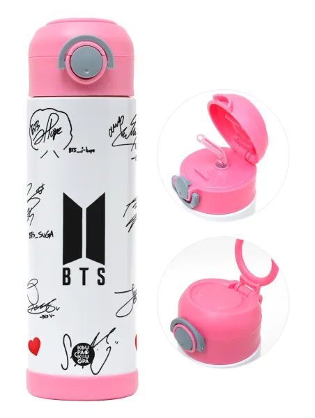 BTS signatures — Παιδικό παγούρι θερμό, ανοξείδωτο, με καλαμάκι ασφαλείας, ΡΟΖ (500ml)
