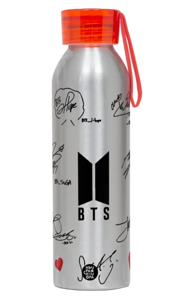 BTS signatures — Αλουμινένιο Αθλητικό Μπουκάλι 650ml – Ασημί με Κόκκινο Καπάκι και Λουράκι Σιλικόνης