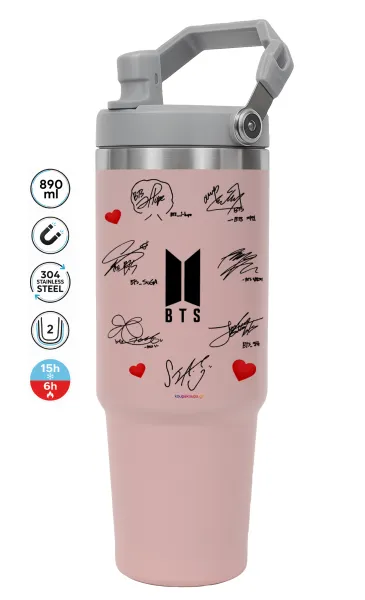 BTS signatures — ΡΟΖ Travel Tumbler Θερμός με χερούλι και καλαμάκι 890ml