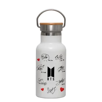 BTS signatures, Metallic thermos (Stainless steel) White with wooden lid (bamboo), double-walled, 350ml