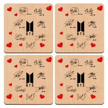 BTS signatures, ΣΕΤ x4 Σουβέρ ξύλινα τετράγωνα plywood (9cm)