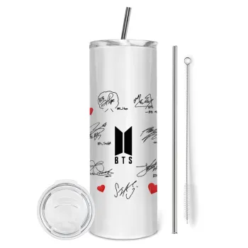 BTS signatures, Tumbler ποτήρι θερμό από ανοξείδωτο ατσάλι 600ml, με μεταλλικό καλαμάκι & βούρτσα καθαρισμού