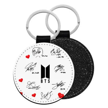 BTS signatures, Μπρελόκ Δερματίνη, στρογγυλό ΜΑΥΡΟ (5cm)