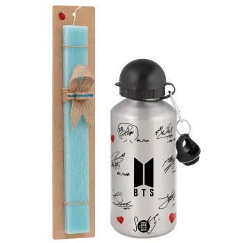 BTS signatures, Easter Set, metallic silver aluminum water bottle (500ml) & scented flat Easter candle (30cm) (TURQUOISE)