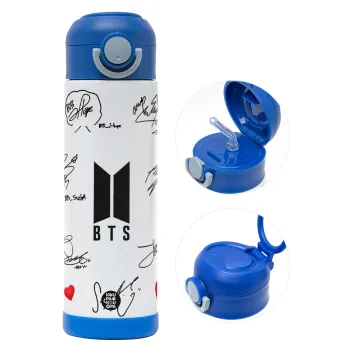 BTS signatures, Παιδικό παγούρι θερμό, ανοξείδωτο, με καλαμάκι ασφαλείας, ΜΠΛΕ (500ml)