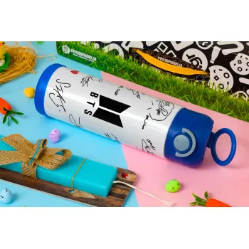 BTS signatures, Easter candle, Childrens hot water bottle, stainless steel, with safety straw, BLUE (500ml)