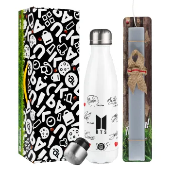 BTS signatures, Easter candle, metallic white thermos bottle (500ml) & aromatic flat candle (30cm) (GRAY)