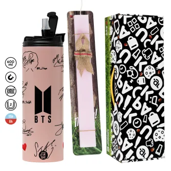BTS signatures, Easter candle,Travel Tumbler 2 Lids, with metal straw & cleaning brush & aromatic flat candle (30cm) (PINK)