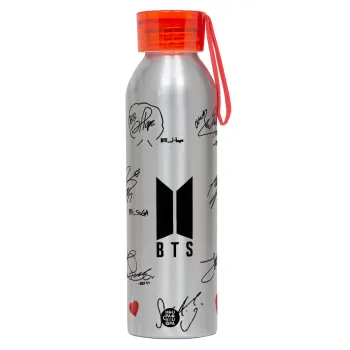 BTS signatures, Aluminum Sports Bottle 650ml – Silver with Red Cap and Silicone Strap