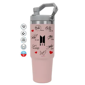 BTS signatures, Pink color, 890ml (30oz) stainless Steel Tumbler with Handle