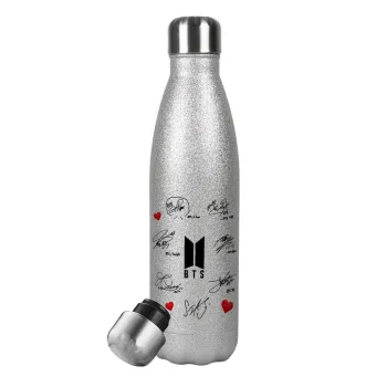 BTS signatures, Μεταλλικό παγούρι θερμός Glitter Aσημένιο (Stainless steel), διπλού τοιχώματος, 500ml