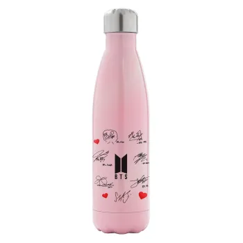 BTS signatures, Metal mug thermos Pink Iridiscent (Stainless steel), double wall, 500ml