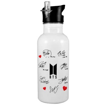 BTS signatures, Παγούρι νερού Λευκό με καλαμάκι, ανοξείδωτο ατσάλι 600ml