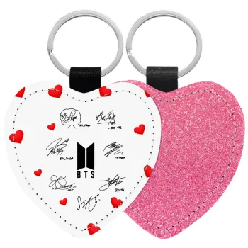 BTS signatures, Μπρελόκ PU δερμάτινο glitter καρδιά ΡΟΖ