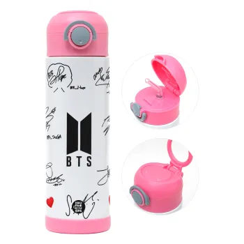 BTS signatures, Children's hot water bottle, stainless steel, with safety straw, PINK (500ml)