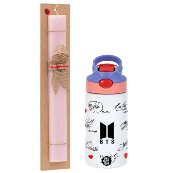 BTS signatures, Easter Set, Children's thermal stainless steel water bottle with safety straw, pink/purple (350ml) & Easter scented flat candle (30cm) (PINK)