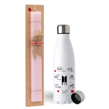 BTS signatures, Easter Set, metallic stainless steel water bottle (750ml) & scented flat Easter candle (30cm) (PINK)