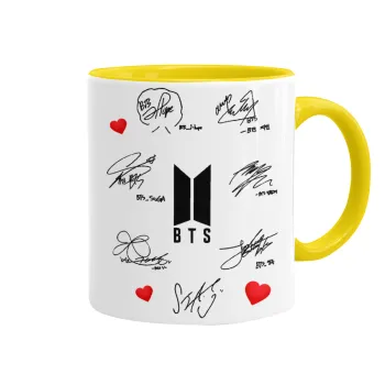 BTS signatures, Κούπα χρωματιστή κίτρινη, κεραμική, 330ml