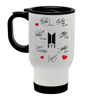 BTS signatures, Κούπα ταξιδιού ανοξείδωτη με καπάκι, διπλού τοιχώματος (θερμό) λευκή 450ml