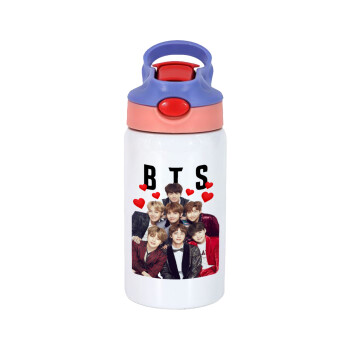 BTS hearts, Children's hot water bottle, stainless steel, with safety straw, pink/purple (350ml)