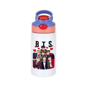 BTS hearts, Children's hot water bottle, stainless steel, with safety straw, pink/purple (350ml)
