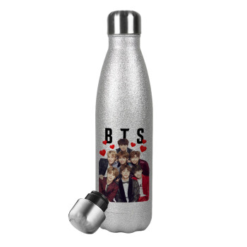 BTS hearts, Μεταλλικό παγούρι θερμός Glitter Aσημένιο (Stainless steel), διπλού τοιχώματος, 500ml