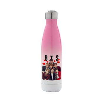 BTS hearts, Metal mug thermos Pink/White (Stainless steel), double wall, 500ml