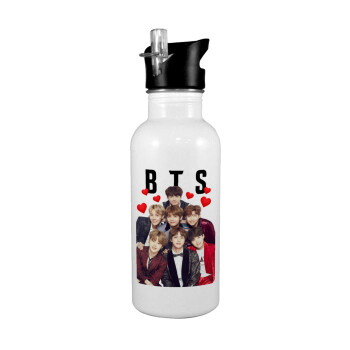 BTS hearts, White water bottle with straw, stainless steel 600ml