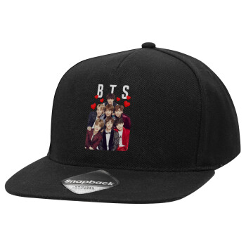 BTS hearts, Καπέλο Ενηλίκων Flat Snapback Μαύρο, (100% ΒΑΜΒΑΚΕΡΟ TWILL, ΕΝΗΛΙΚΩΝ, UNISEX, ONE SIZE)
