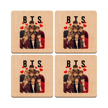 BTS hearts, ΣΕΤ x4 Σουβέρ ξύλινα τετράγωνα plywood (9cm)
