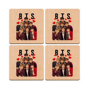 BTS hearts, ΣΕΤ x4 Σουβέρ ξύλινα τετράγωνα plywood (9cm)