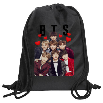 BTS hearts, Τσάντα πλάτης πουγκί GYMBAG Μαύρη, με τσέπη (40x48cm) & χονδρά κορδόνια
