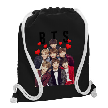 BTS hearts, Τσάντα πλάτης πουγκί GYMBAG Μαύρη, με τσέπη (40x48cm) & χονδρά λευκά κορδόνια