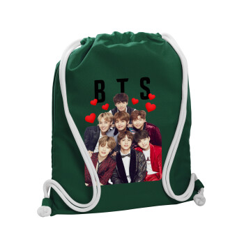 BTS hearts, Τσάντα πλάτης πουγκί GYMBAG BOTTLE GREEN, με τσέπη (40x48cm) & χονδρά λευκά κορδόνια