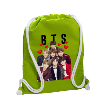 BTS hearts, Backpack bag GYMBAG LIME GREEN, with pocket (40x48cm) & thick cords