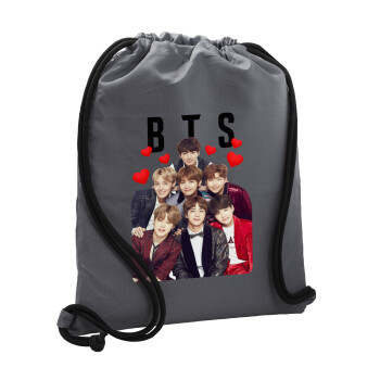 BTS hearts, Backpack pouch GYMBAG GREY, with pocket (40x48cm) & thick cords
