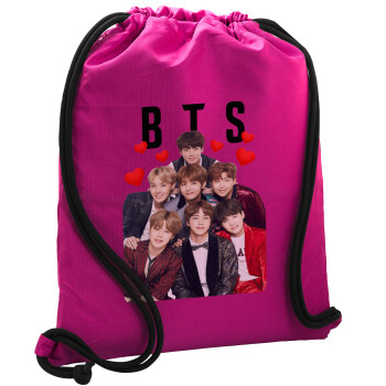 BTS hearts, Τσάντα πλάτης πουγκί GYMBAG Φούξια, με τσέπη (40x48cm) & χονδρά κορδόνια