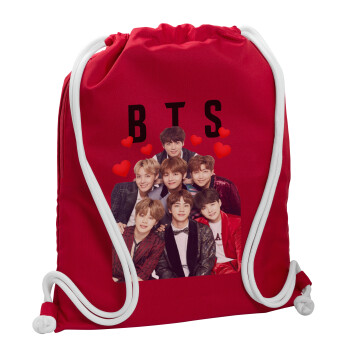 BTS hearts, Τσάντα πλάτης πουγκί GYMBAG Κόκκινη, με τσέπη (40x48cm) & χονδρά κορδόνια